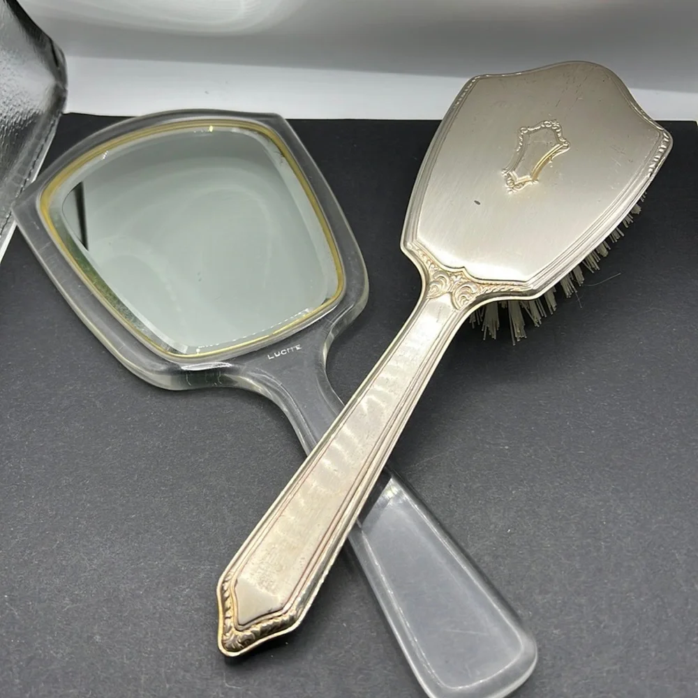 Vintage vanity lucite mirror and hair brush set